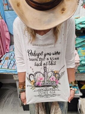 A Rare Bird Rhinestone Detail Distressed Floral Print Crown Graphic Tee